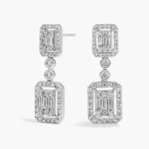 Diamond Cluster Statement Drop Earrings In 14K White Gold