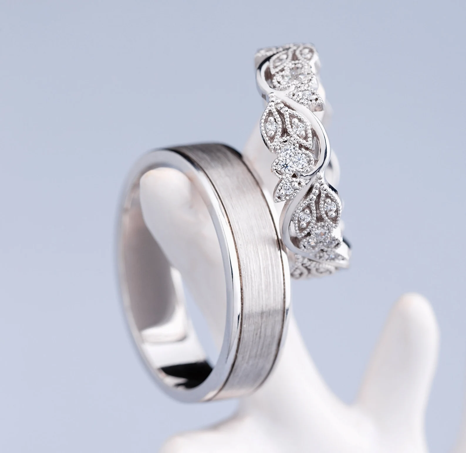 Gold wedding bands with diamonds. Unique wedding bands. Couple rings. - Image 15