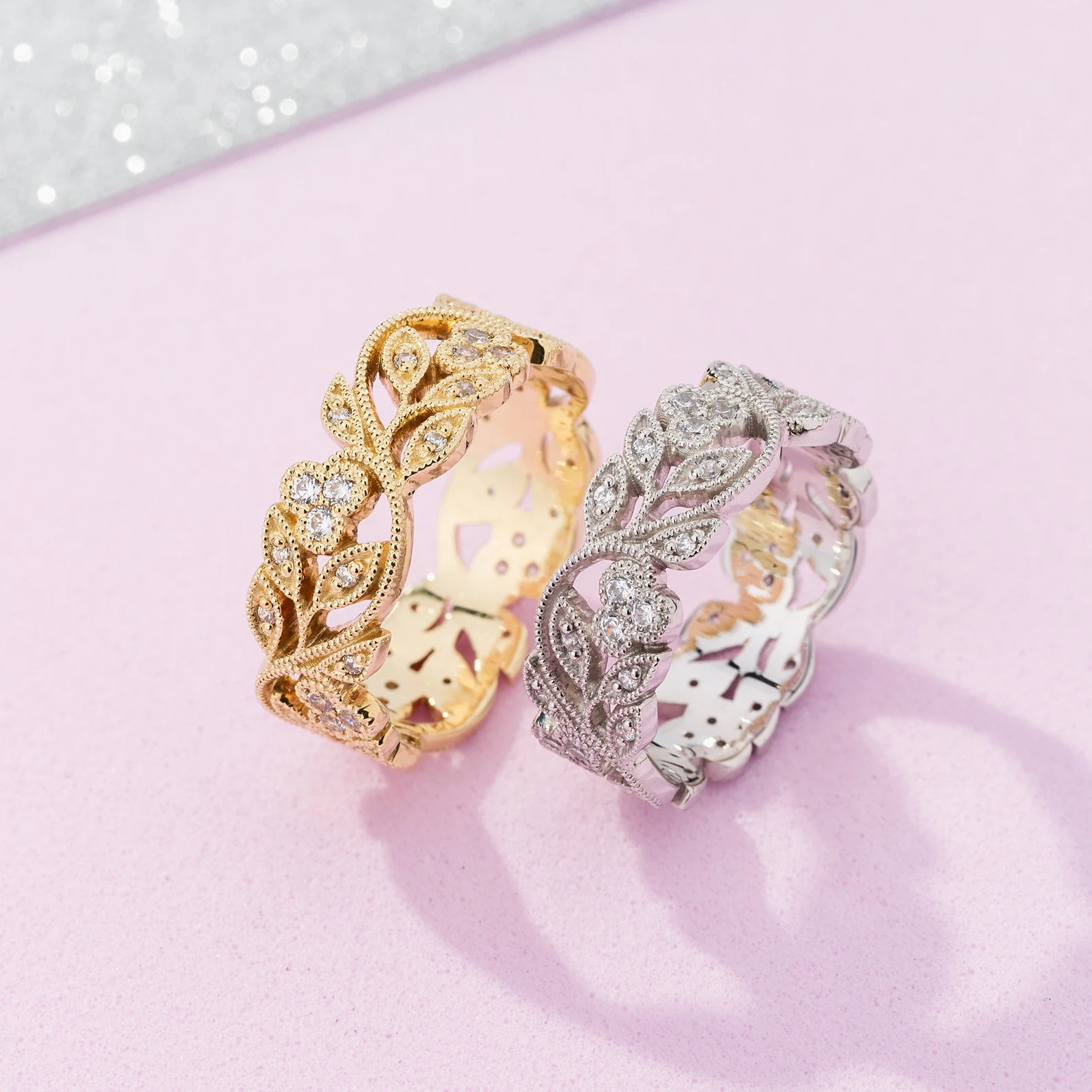 His and Hers wedding bands. Matching wedding bands made of 14k gold. Couple wedding bands. Unique wedding rings. Floral wedding bands. - Image 12