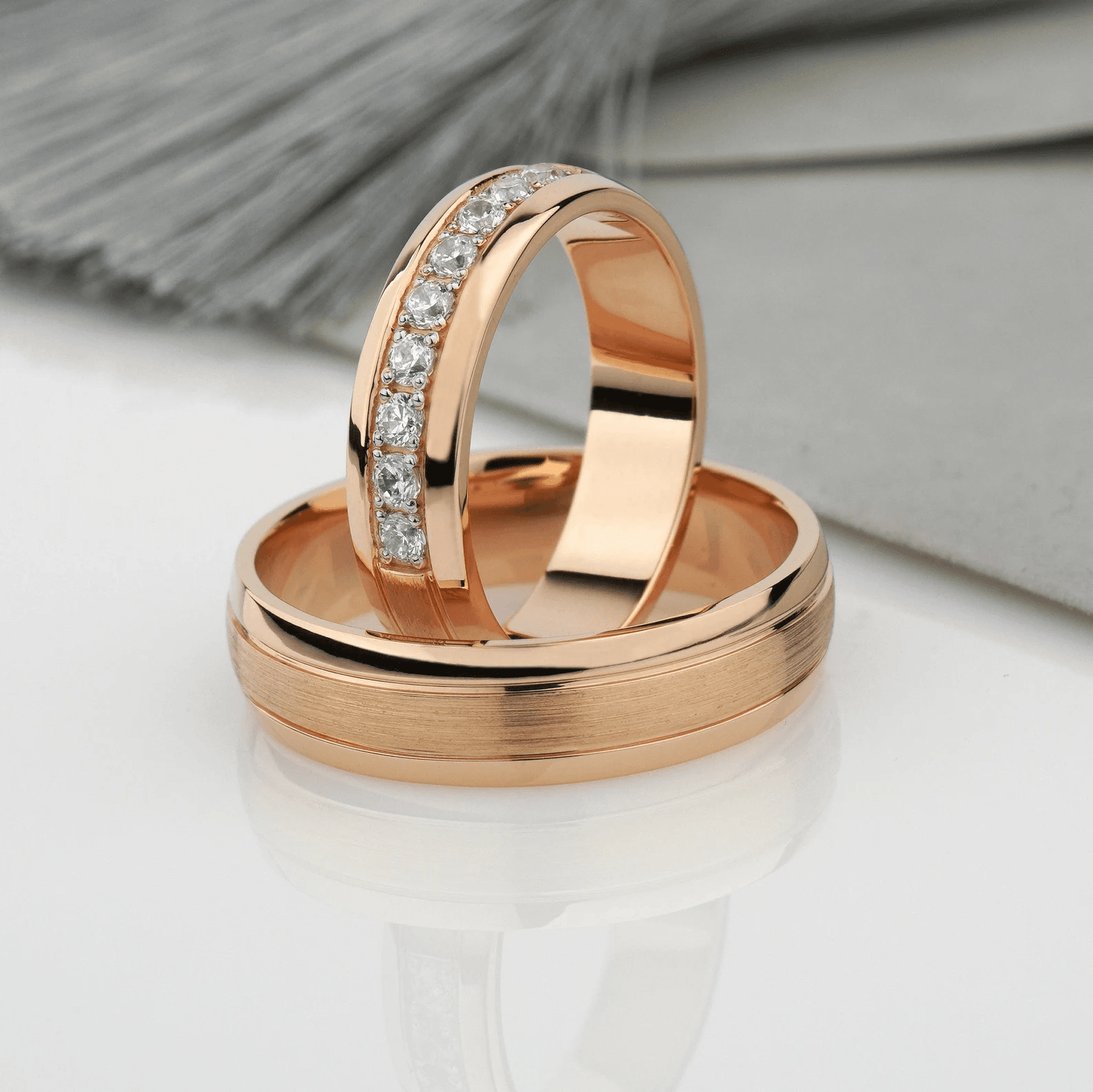 Couple Rose Gold Diamond Wedding Band Set – Unique Matching Rings - Image 5
