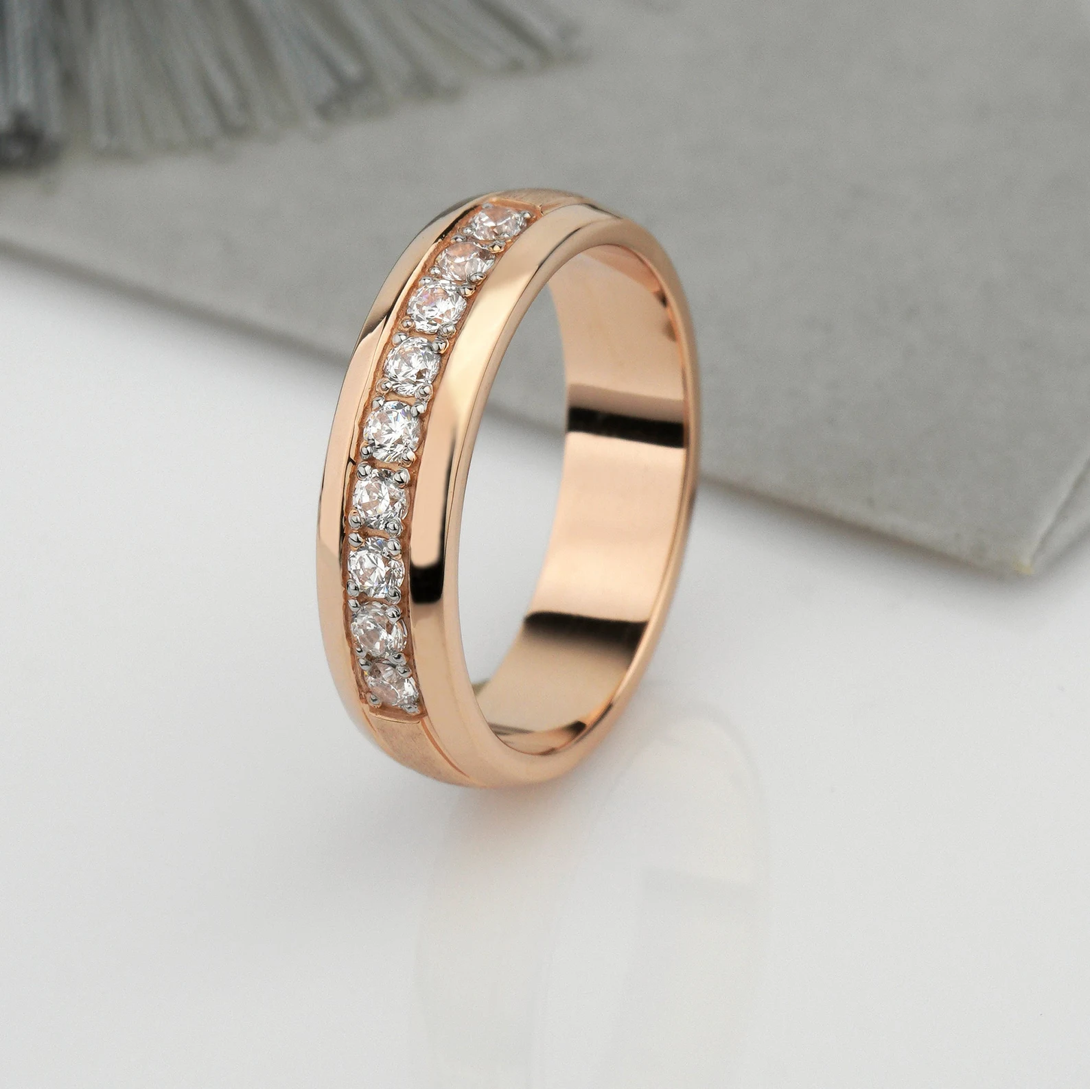 Couple Rose Gold Diamond Wedding Band Set – Unique Matching Rings - Image 3