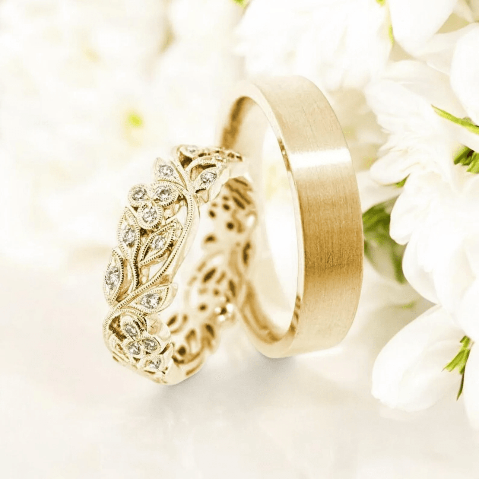 14K Gold Wedding Bands – Unique Matching Couple Rings - Image 3
